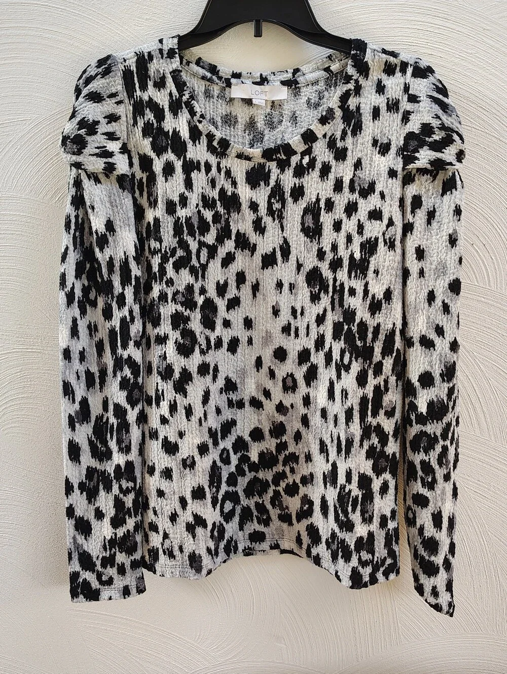 LOFT Tunic Blouse Women's Animal Print Crew Neck Puff Sleeve Black White Sz S